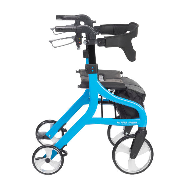 Blue rollator with black seat on a white background