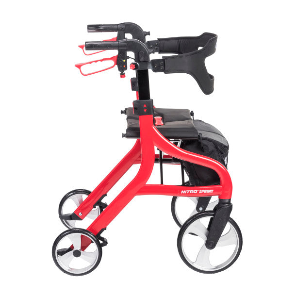 Red and black rollator with 'Nitro Sport' branding on a white background