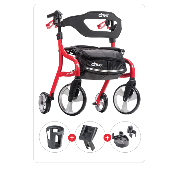 Red and black rollator with accessories on a white background