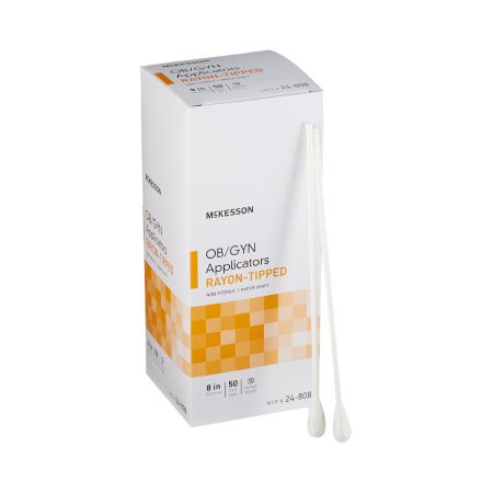 Box of McKesson OB/GYN applicators with a cotton swab on a white background
