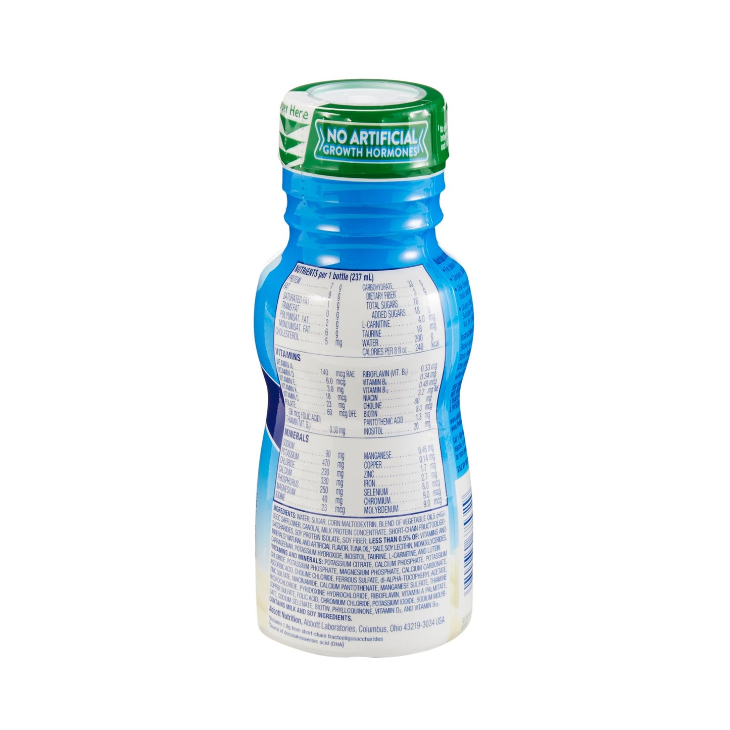 Bottle with nutritional information label on a white background
