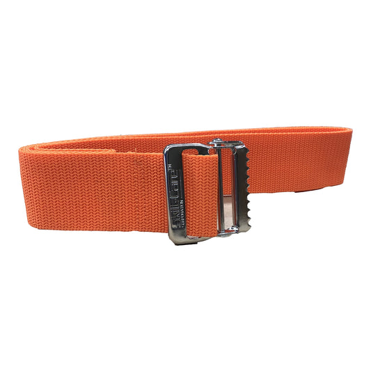 Orange gait belt with a silver buckle on a white background