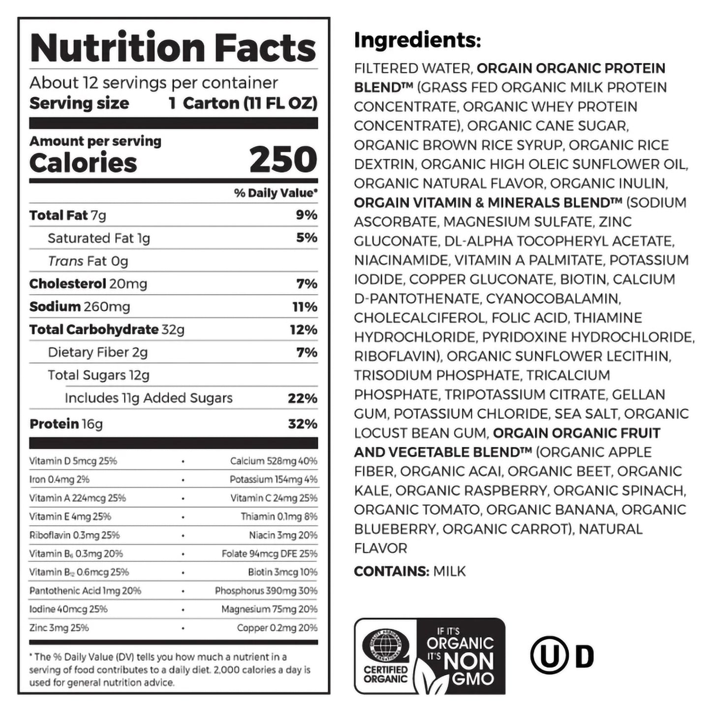 Nutrition facts label and ingredients list for a product with organic certification.