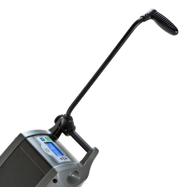 Handheld device with a long black handle on a white background