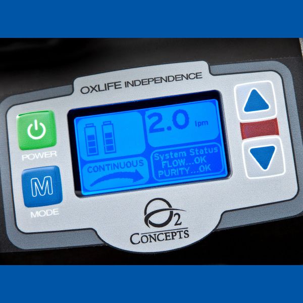 O2 Concepts oximeter display with digital readout on a blue background