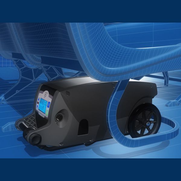 Black machine with a digital display on a blue technical background showing you can take it on flights - tsa approved
