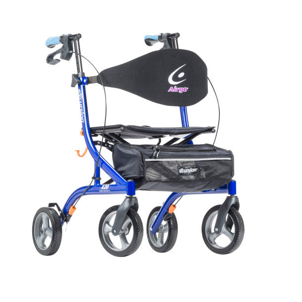 Blue walker with a black seat and bag on a white background