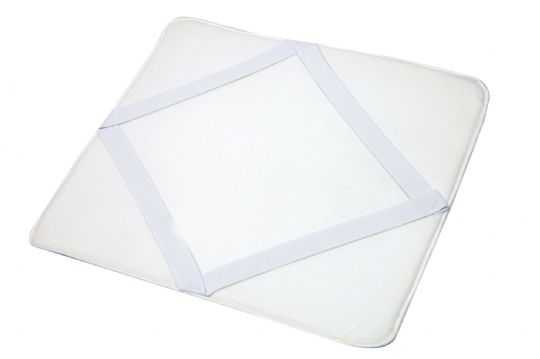 White pillow with blue trim on a white background