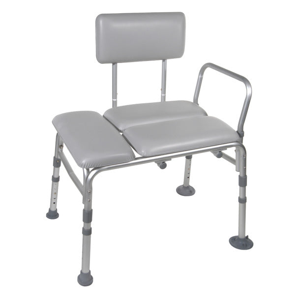 Gray medical bath chair with backrest and armrests on a white background