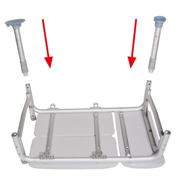 Metal bike rack with two vertical stands and red arrows pointing to them on a white background