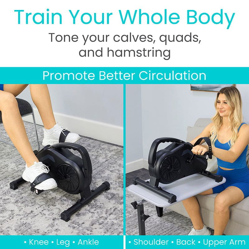 Exercise bike being used by a person on a carpeted floor and another person on a couch.