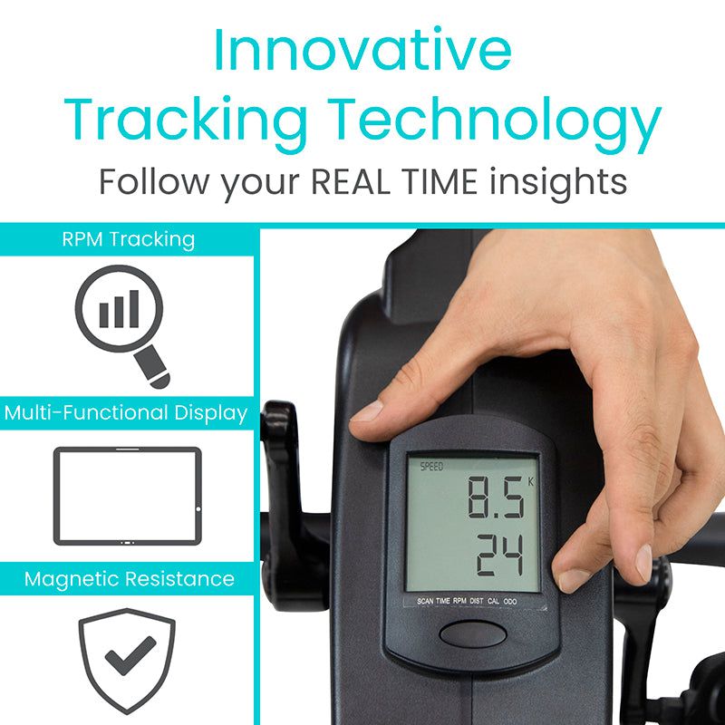 Digital display on a piece of exercise equipment with text highlighting innovative tracking technology.