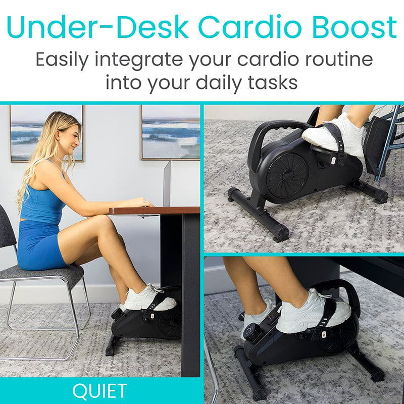 Under-desk exercise bike with text 'Under-Desk Cardio Boost' and 'Quiet' on a teal background.