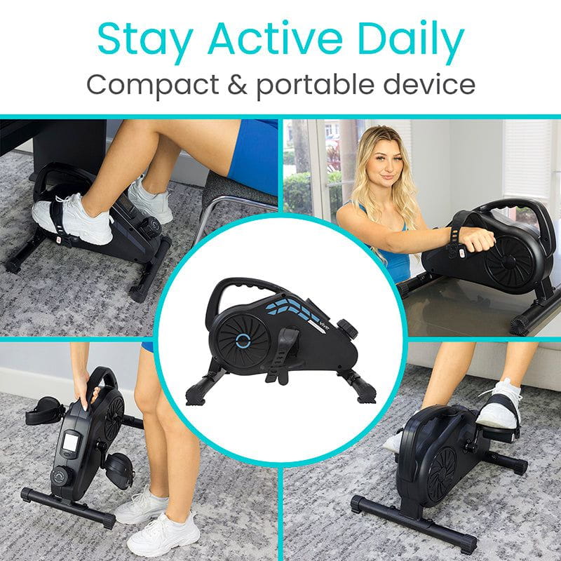 Compact portable exercise device with people using it in various settings.