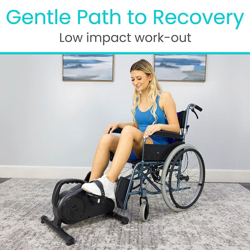 Woman using a wheelchair exercise bike with text 'Gentle Path to Recovery Low impact workout' on a light gray background.