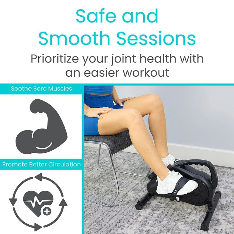 Person using a mini exercise bike with text about joint health and ease of use.