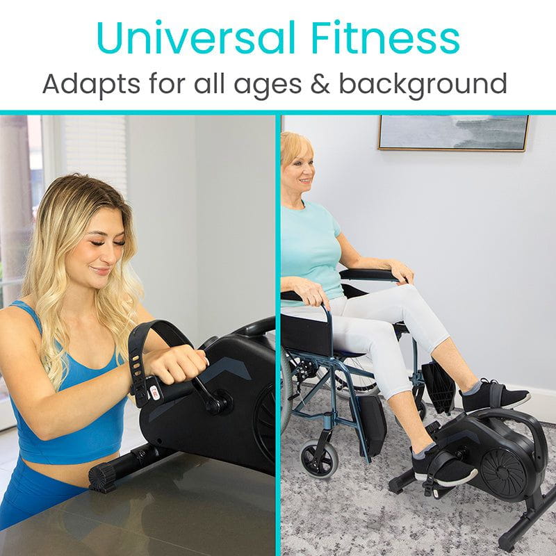 Two women using exercise equipment with text 'Universal Fitness Adapts for all ages & background'.