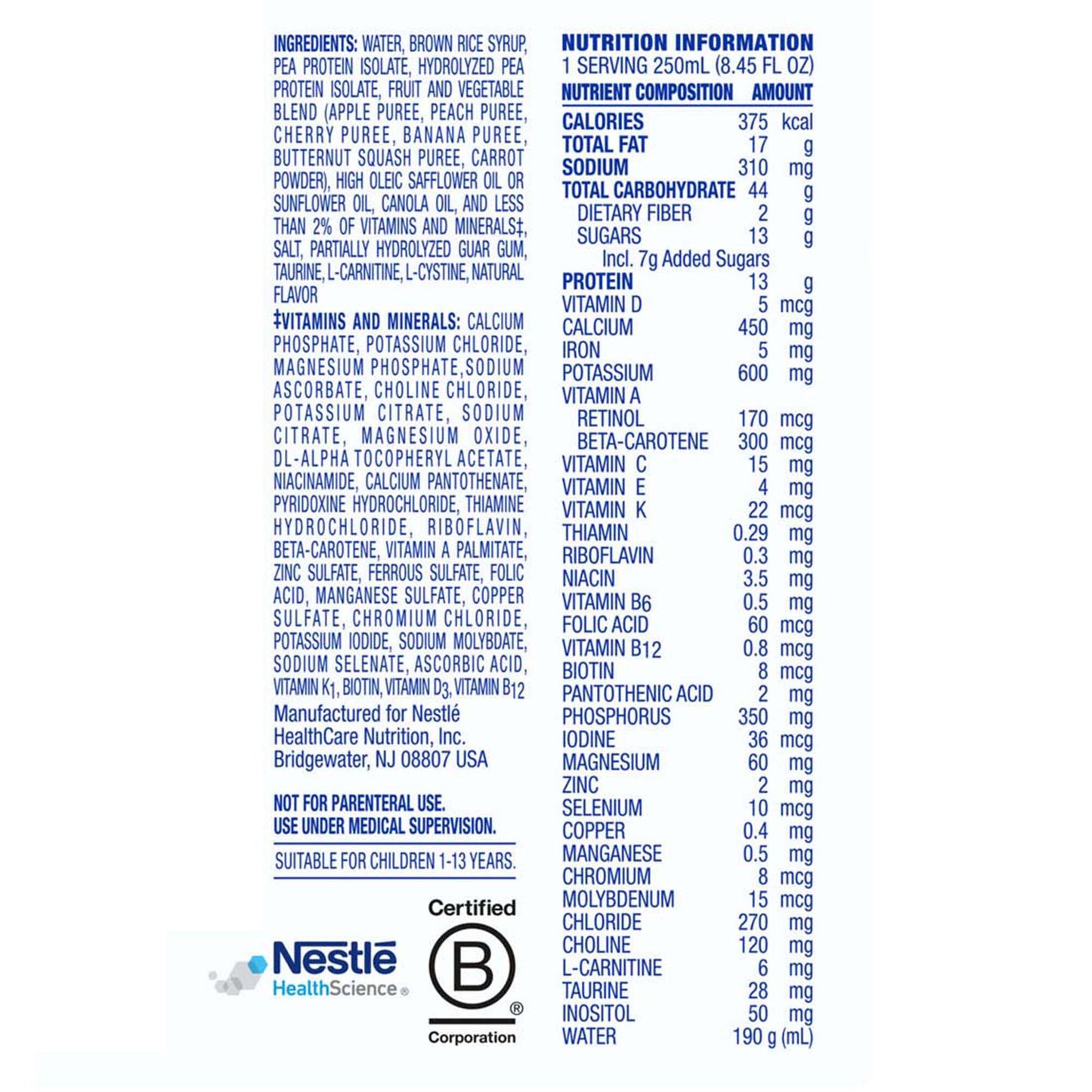 Nutrition label and ingredient list for a Nestle product on a white background