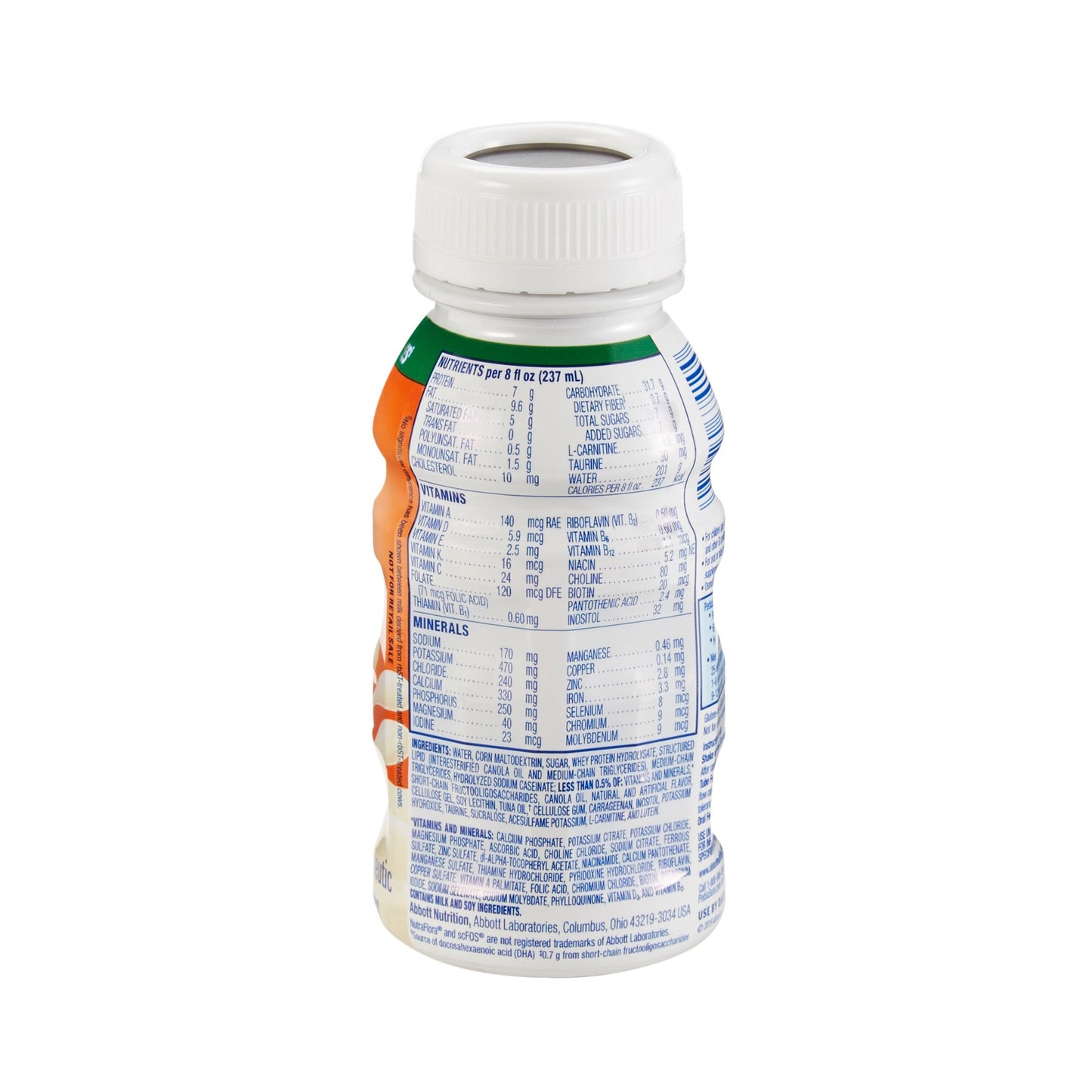 Bottle with nutritional information label on a white background
