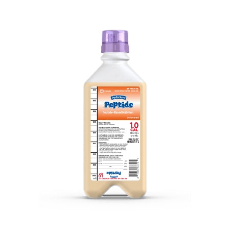 Bottle of Peptide solution with a purple cap on a white background