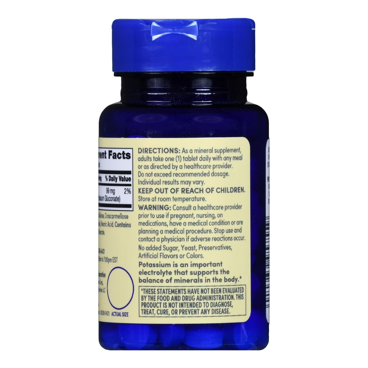 Blue supplement bottle with label on a white background
