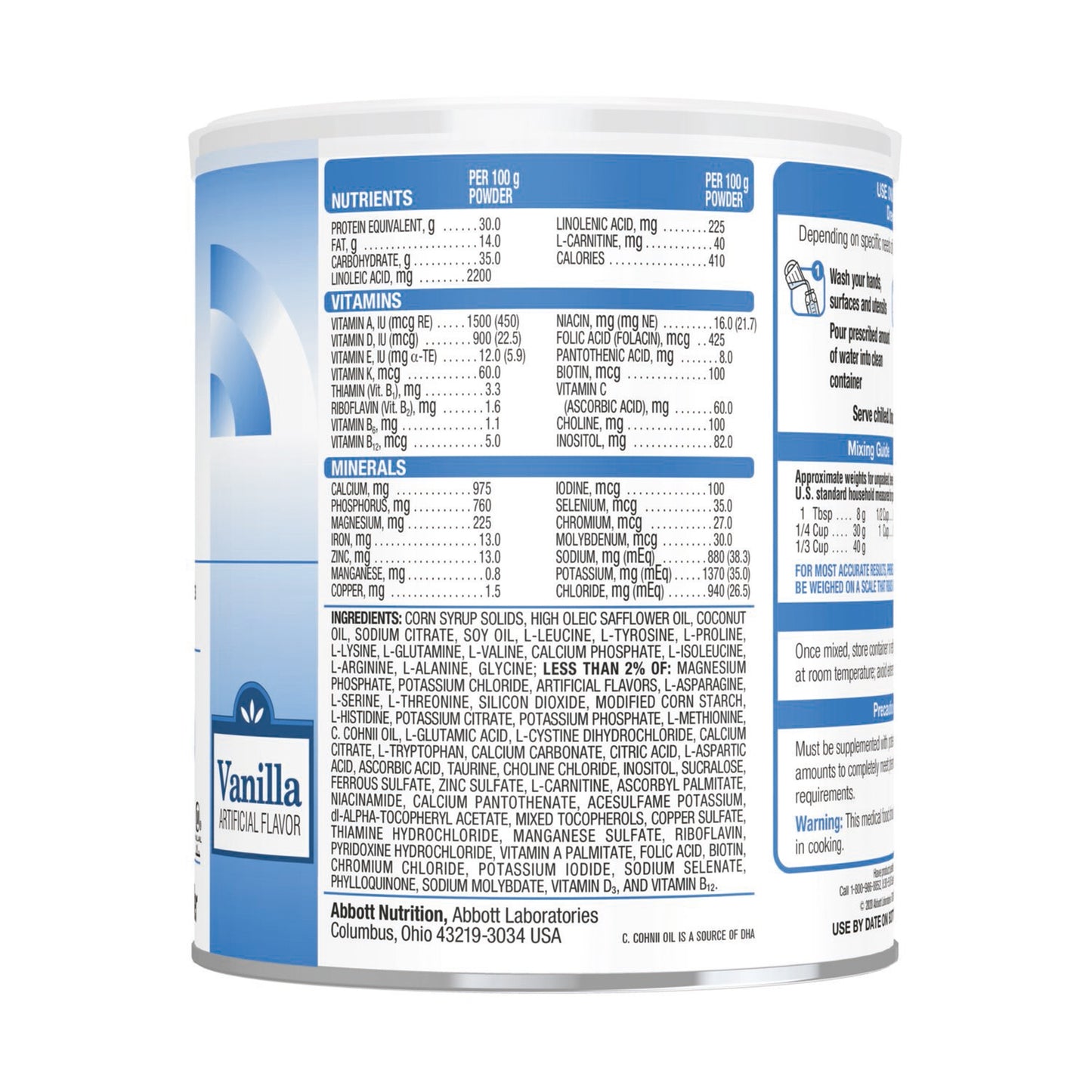 Nutritional label on a container of vanilla-flavored powder