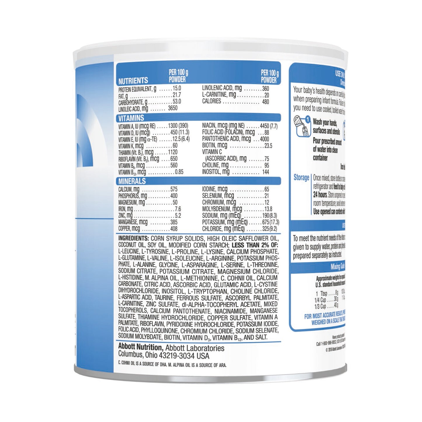Nutritional label on a can of baby formula with blue and white design.