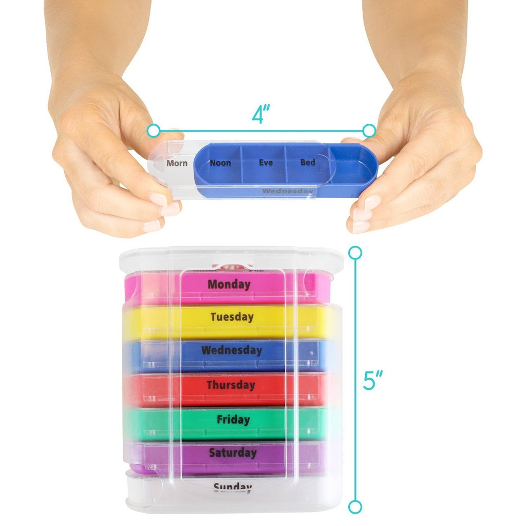 Weekly pill organizer with colorful compartments labeled for each day of the week, held by a person.