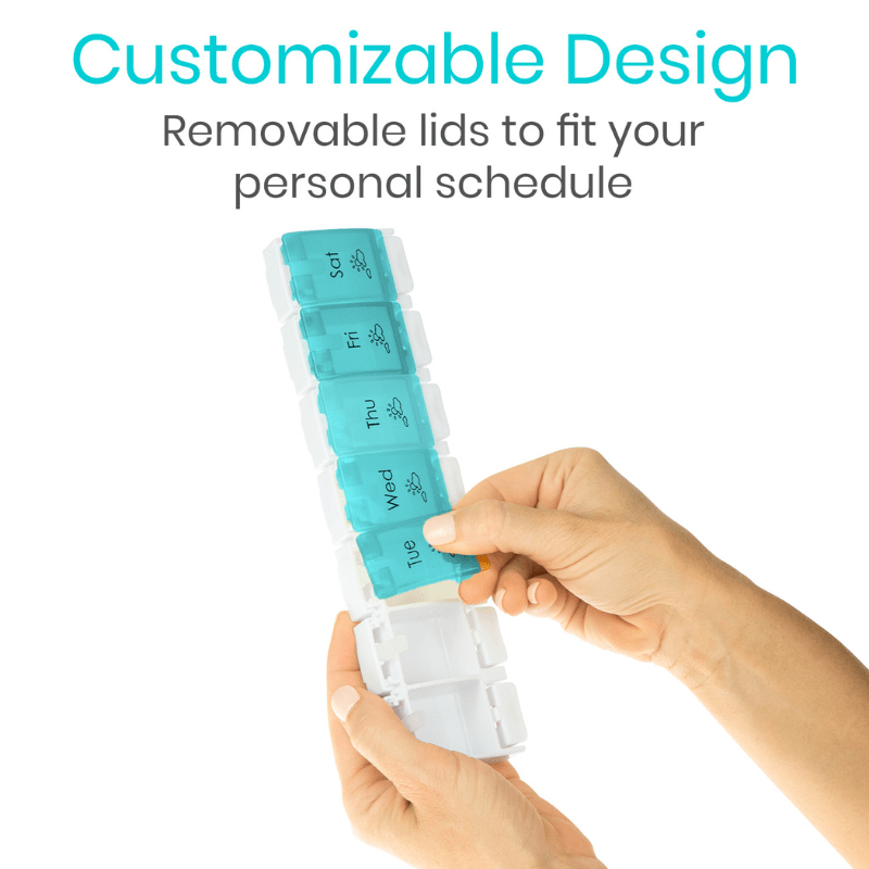 Hand holding a pill organizer with text about customizable design and removable lids.