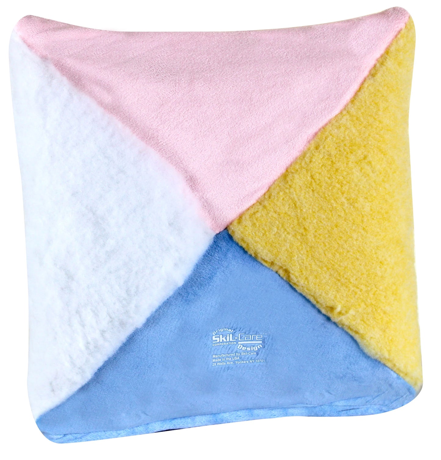 Colorful blanket with pink, yellow, and blue sections on a white background