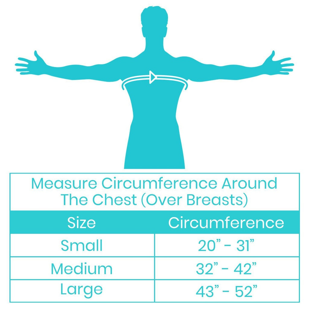 Measurement chart for chest circumference with a turquoise silhouette of a person on a white background