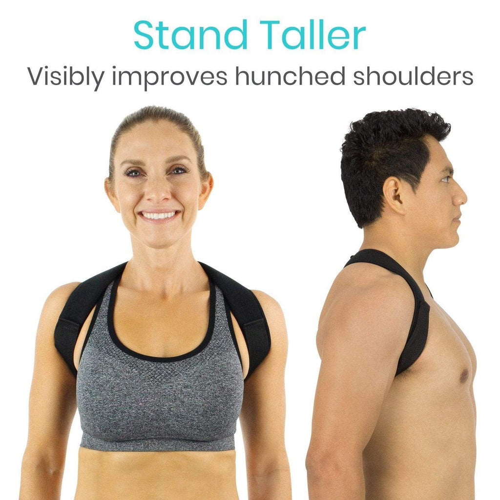 Two people wearing posture correctors with text indicating they improve hunched shoulders.