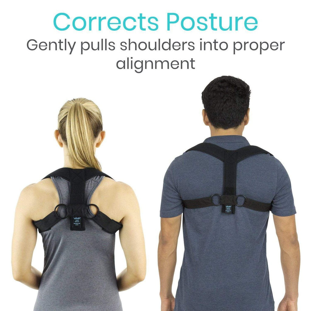 Two people wearing posture correctors with text indicating they correct posture.