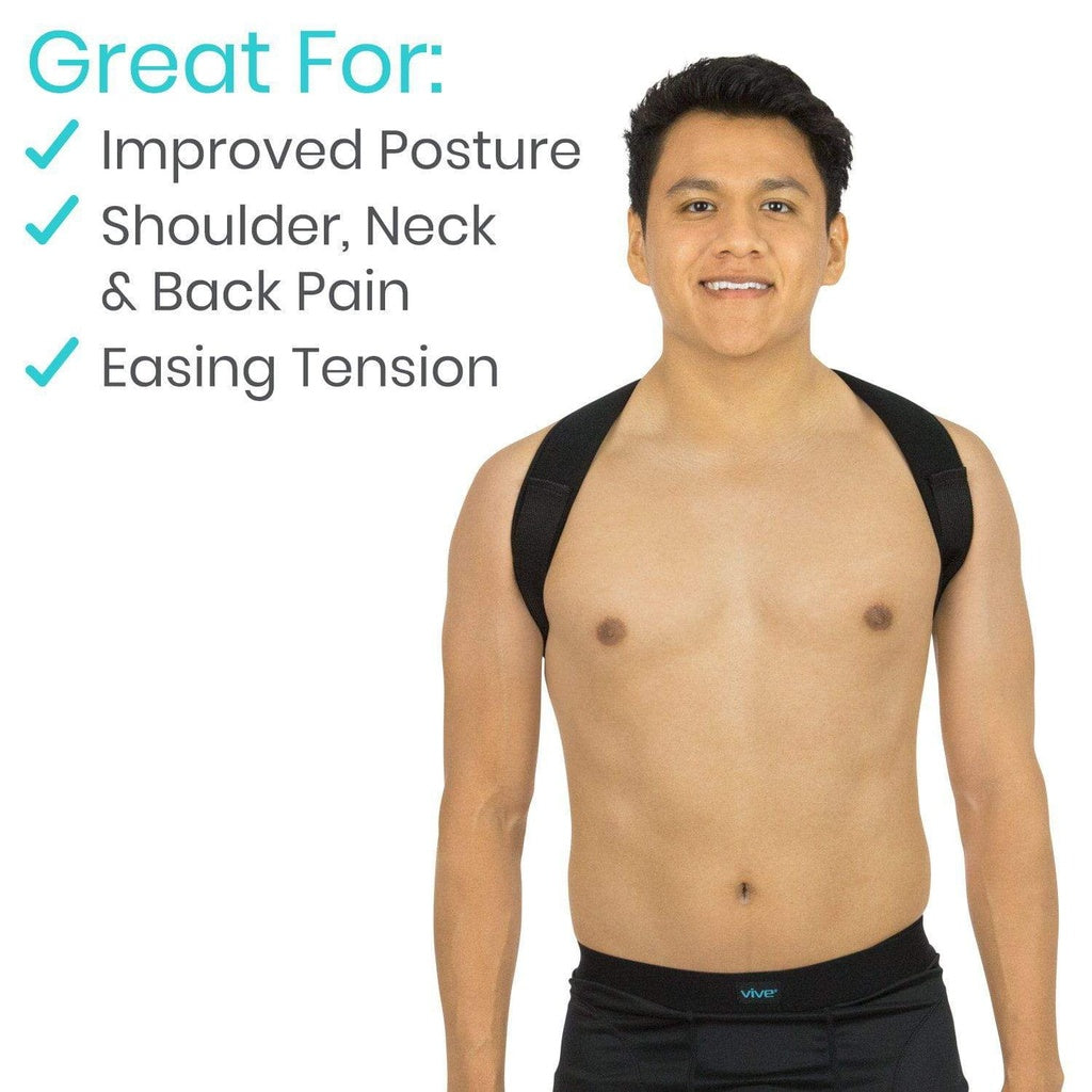 Man wearing a black posture corrector with text highlighting its benefits on a white background