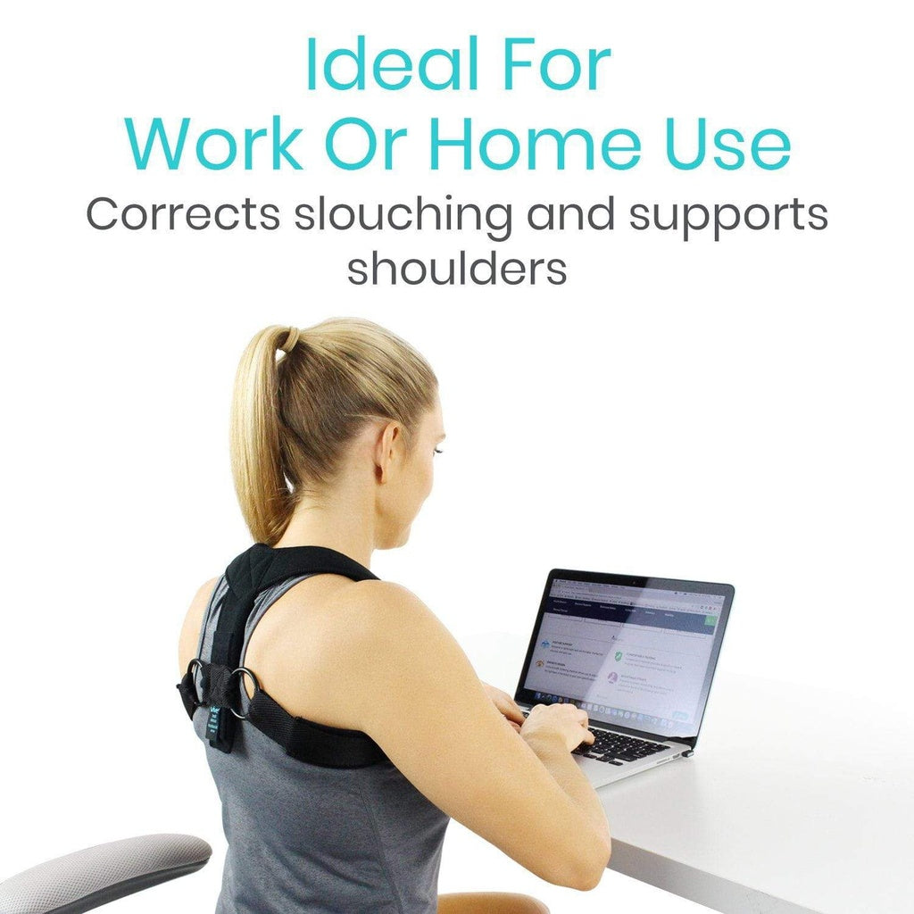 Woman using a laptop with a back brace, text 'Ideal For Work Or Home Use Corrects slouching and supports shoulders' on a white background.