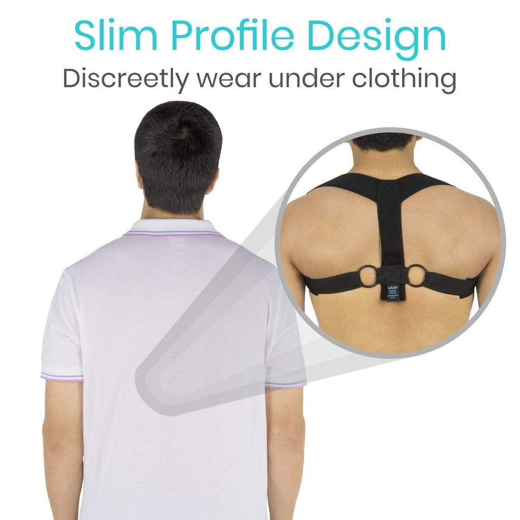 Person wearing a black posture corrector with text about slim profile design and discreet wear.