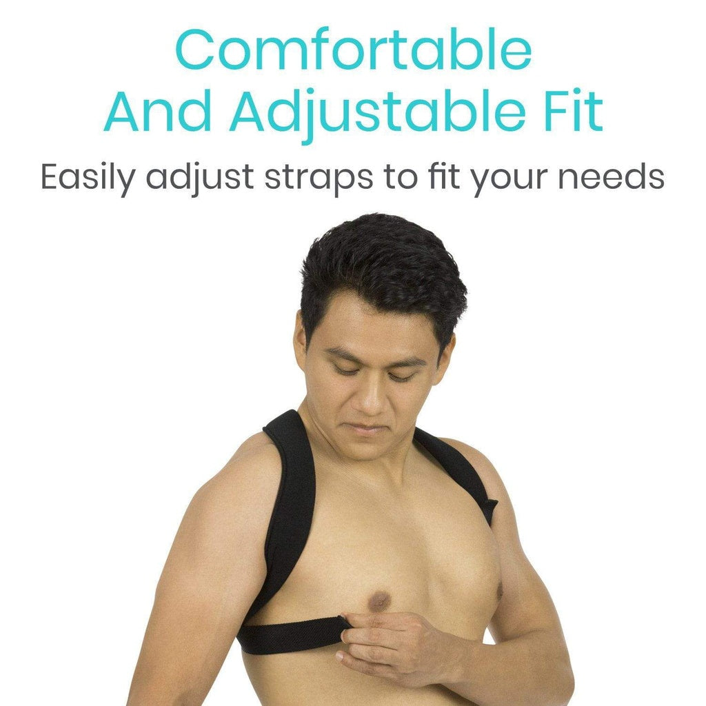 Man wearing a black shoulder brace with text about comfortable and adjustable fit.