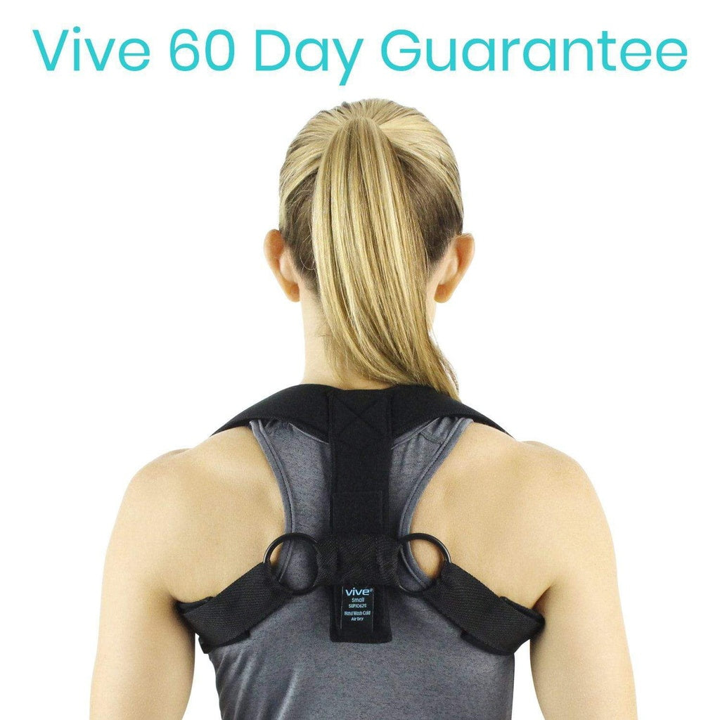 Person wearing a black posture corrector with 'Vive' branding on a white background, featuring text about a 60-day guarantee.