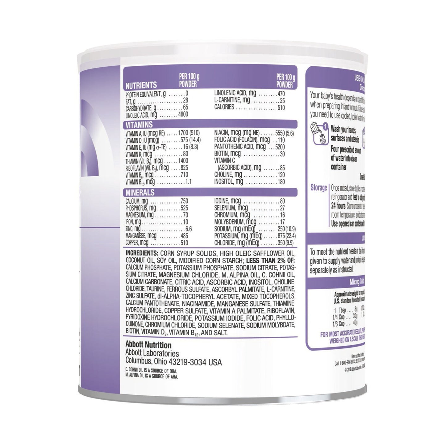 Nutritional label on a can of baby formula with detailed ingredient and nutritional information.