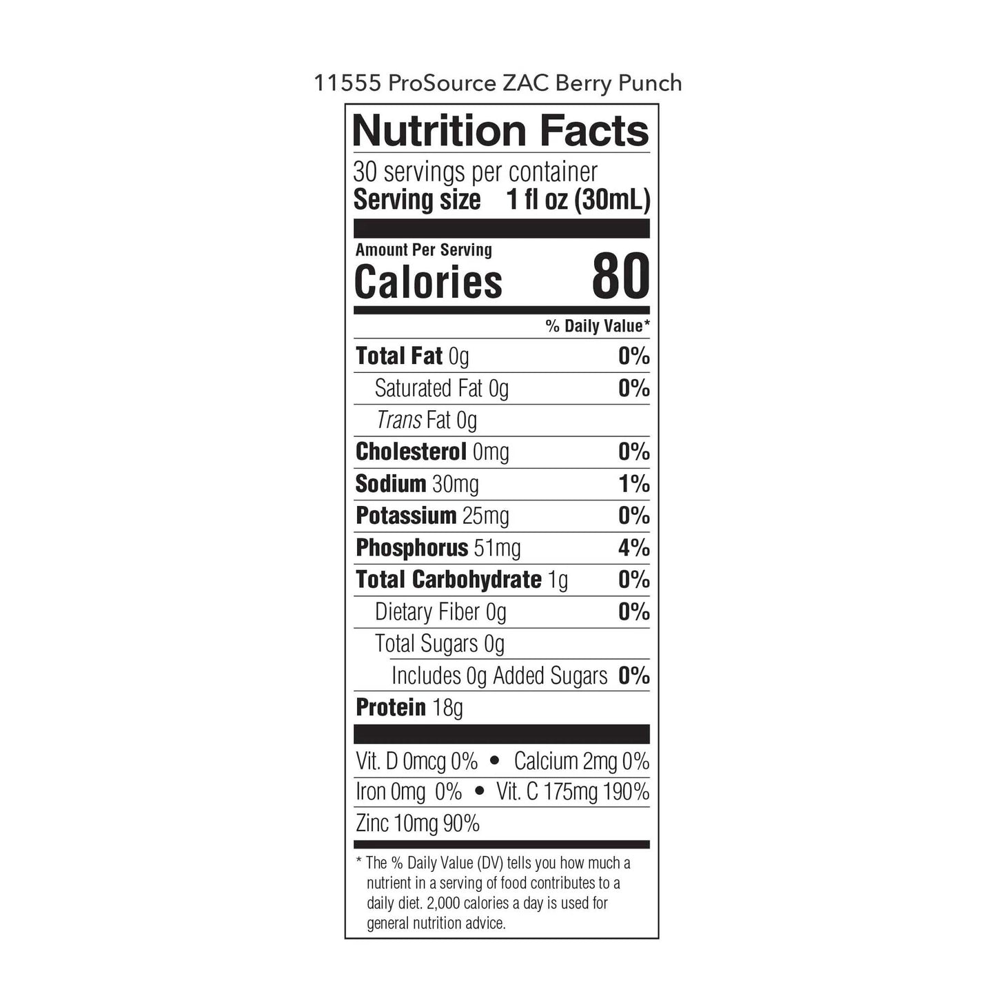 Nutrition facts label for ProSource ZAC Berry Punch on a white background