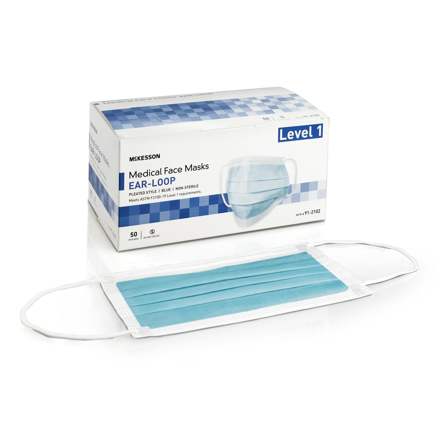 Box of McKesson Level 1 medical face masks with a single mask displayed in front on a white background.