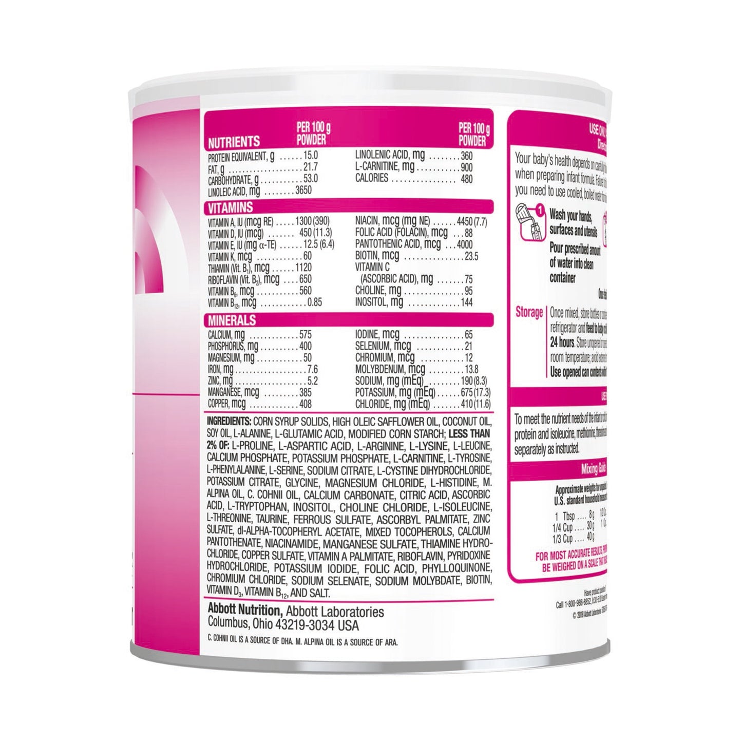 Nutritional label on a can of baby formula with pink and white design.