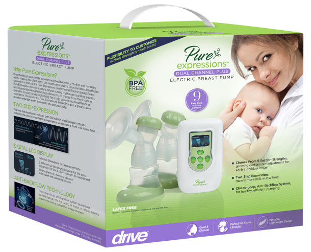Box of Pure Expressions Dual Channel Plus Electric Breast Pump with a woman and baby on the packaging.