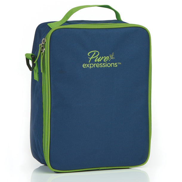 Blue shoe bag with green trim and 'Pure expressions' logo on a white background