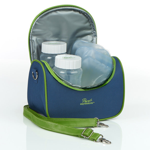 Blue and green insulated bag with baby bottles inside on a white background