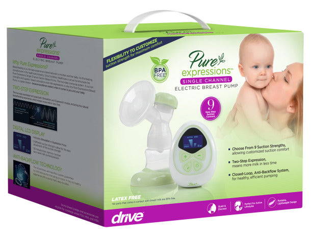 Pure Expressions electric breast pump packaging with a baby and mother illustration.