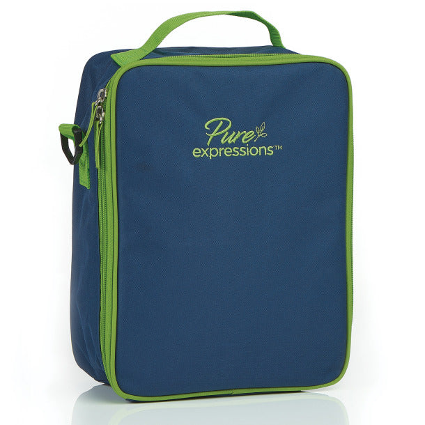 Blue shoe bag with green trim and 'Pure expressions' logo on a white background