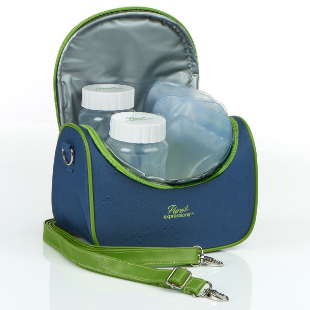 Blue and green bag with baby bottles inside on a white background