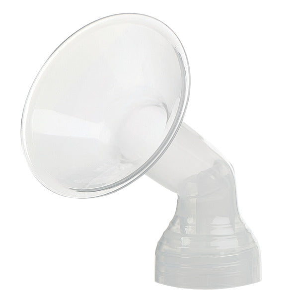 Clear silicone breast pump part on a white background