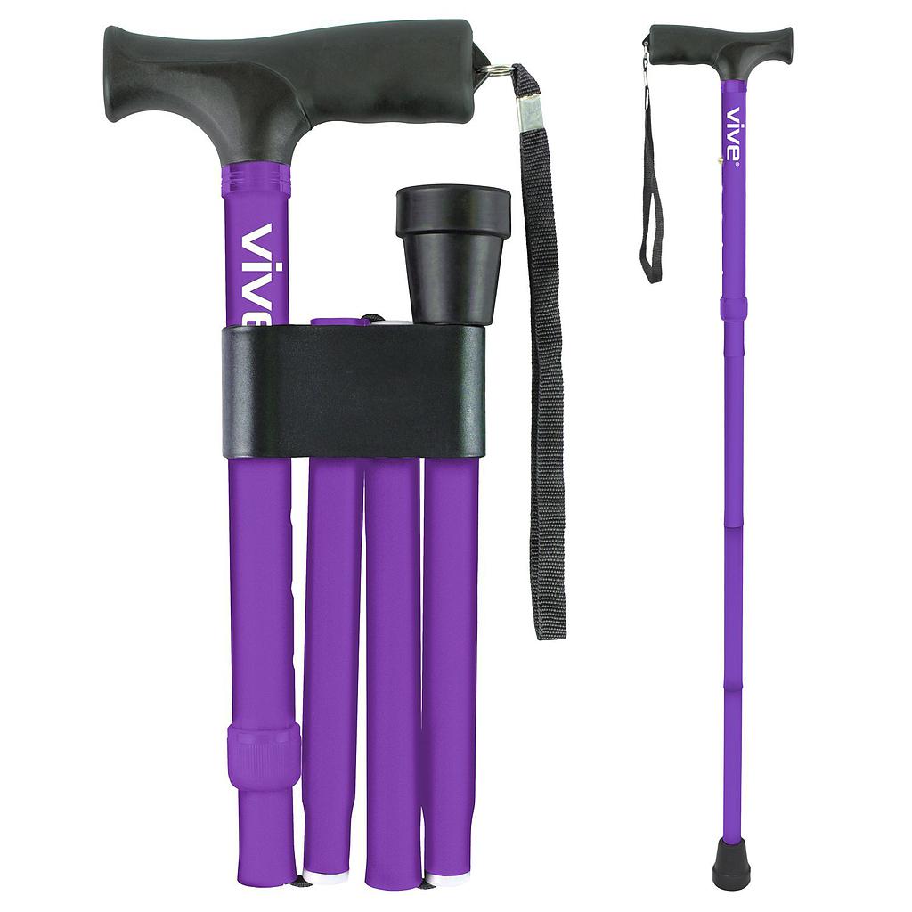 Purple walking cane with black handle and strap on a white background